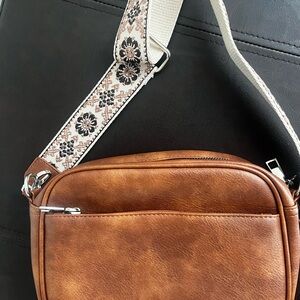 Brown Crossbody Bag with Floral Strap